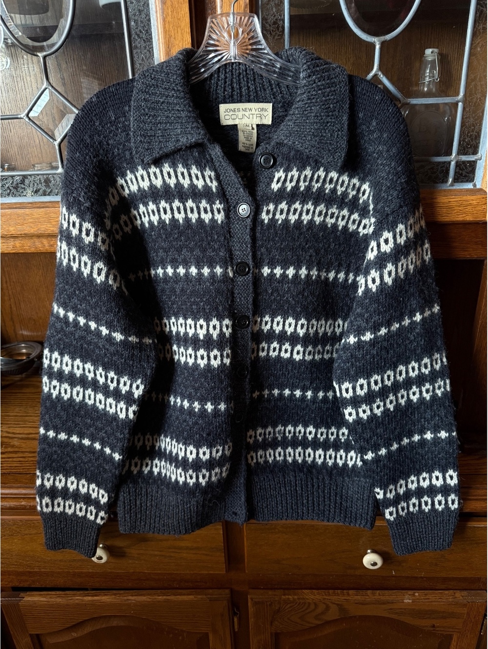 Vintage Jones New York Country Charcoal Fair Isle Wool Cardigan Size M
